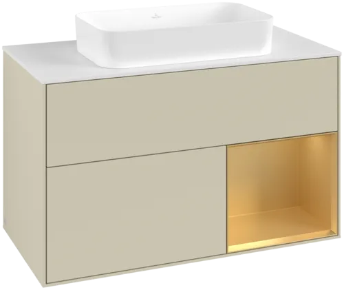 VILLEROY BOCH Toaletní skříňka Finion, s osvětlením, 2 výsuvy, 1000 x 603 x 501 mm, Silk Grey Matt Lacquer / Gold Matt Lacquer / Glass White Matt #F661HFHJ