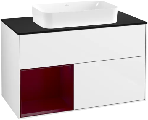 VILLEROY BOCH Toaletní skříňka Finion, s osvětlením, 2 výsuvy, 1000 x 603 x 501 mm, lesklý bílý lak / matný lak Pivoňka / matné černé sklo #F652HBGF