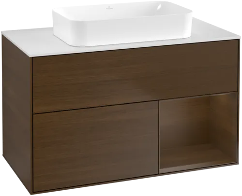 VILLEROY BOCH Toaletní stolek Finion, s osvětlením, 2 výsuvy, 1000 x 603 x 501 mm, ořechová dýha / ořechová dýha / sklo bílé matné #F661GNGN