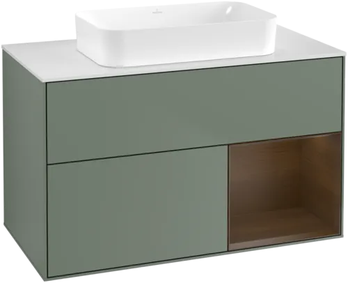 VILLEROY BOCH Toaletní skříňka Finion, s osvětlením, 2 výsuvy, 1000 x 603 x 501 mm, olivový matný lak / ořechová dýha / sklo bílé matné #F661GNGM