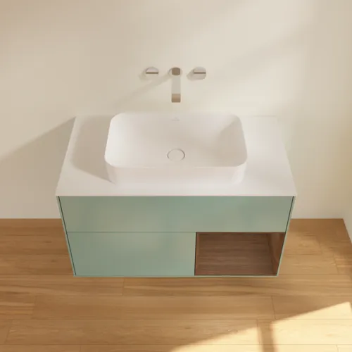 VILLEROY BOCH Toaletní skříňka Finion, s osvětlením, 2 výsuvy, 1000 x 603 x 501 mm, olivový matný lak / ořechová dýha / sklo bílé matné #F661GNGM, obrázek 4
