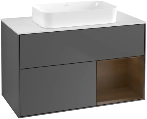 VILLEROY BOCH Toaletní skříňka Finion, s osvětlením, 2 výsuvy, 1000 x 603 x 501 mm, antracit matný lak / ořechová dýha / sklo bílé matné #F661GNGK