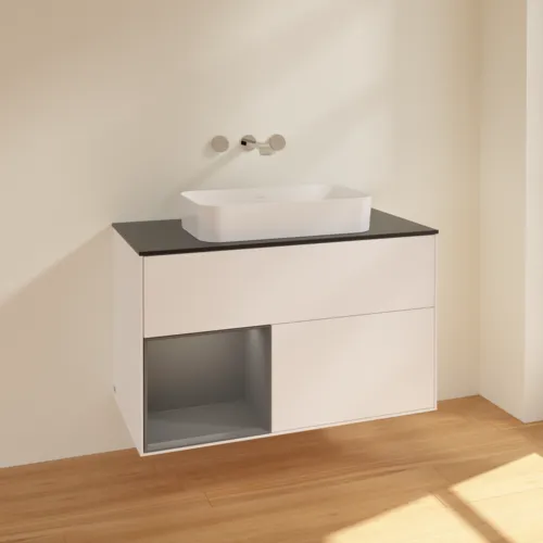 VILLEROY BOCH Toaletní skříňka Finion, s osvětlením, 2 výsuvy, 1000 x 603 x 501 mm, bílý matný lak / antracitový matný lak / černé matné sklo #F652GKMT, obrázek 2