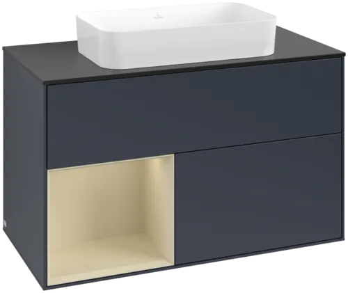 VILLEROY BOCH Toaletní skříňka Finion, s osvětlením, 2 výsuvy, 1000 x 603 x 501 mm, Midnight Blue Matt Lacquer / Silk Grey Matt Lacquer / Glass Black Matt #F652HJHG