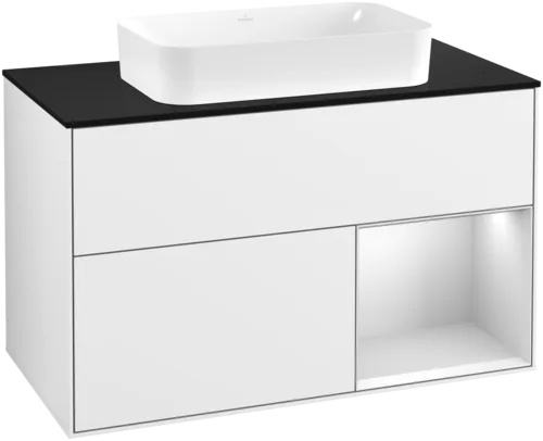 VILLEROY BOCH Umyvadlová skříňka Finion, s osvětlením, 2 výsuvy, 1000 x 603 x 501 mm, lesklý bílý lak / bílý matný lak / černé matné sklo #F662MTGF