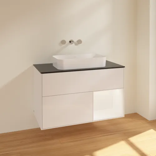 VILLEROY BOCH Umyvadlová skříňka Finion, s osvětlením, 2 výsuvy, 1000 x 603 x 501 mm, lesklý bílý lak / bílý matný lak / černé matné sklo #F662MTGF, obrázek 2