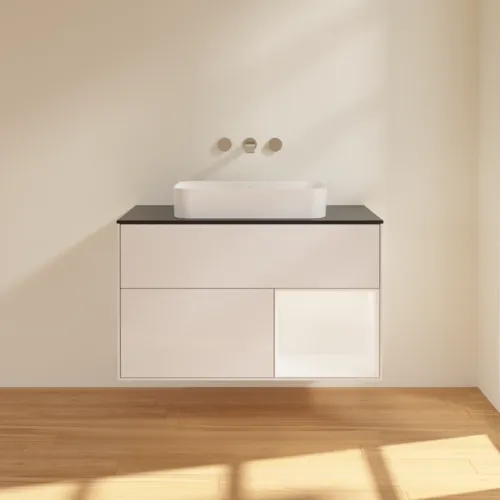 VILLEROY BOCH Umyvadlová skříňka Finion, s osvětlením, 2 výsuvy, 1000 x 603 x 501 mm, lesklý bílý lak / bílý matný lak / černé matné sklo #F662MTGF, obrázek 3