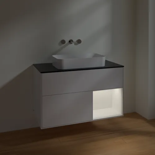 VILLEROY BOCH Umyvadlová skříňka Finion, s osvětlením, 2 výsuvy, 1000 x 603 x 501 mm, lesklý bílý lak / bílý matný lak / černé matné sklo #F662MTGF, obrázek 5