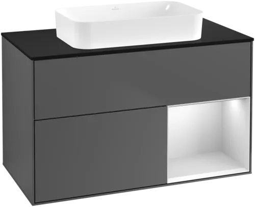 VILLEROY BOCH Toaletní skříňka Finion, s osvětlením, 2 výsuvy, 1000 x 603 x 501 mm, antracitový matný lak / bílý matný lak / černé matné sklo #F662MTGK