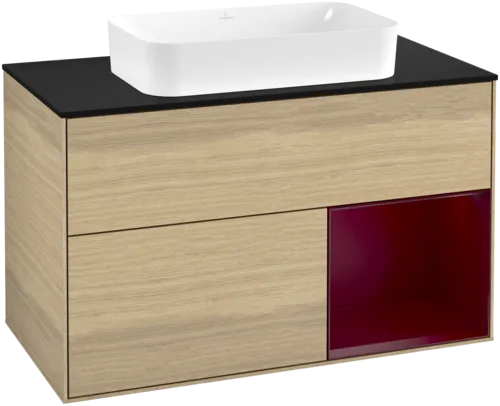 VILLEROY BOCH Toaletní stolek Finion, s osvětlením, 2 výsuvy, 1000 x 603 x 501 mm, dubová dýha / matný lak Pivoňka / matné černé sklo #F662HBPC