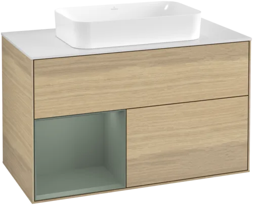 VILLEROY BOCH Toaletní skříňka Finion, s osvětlením, 2 výsuvy, 1000 x 603 x 501 mm, dubová dýha / olivový matný lak / sklo bílé matné #F651GMPC