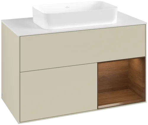 VILLEROY BOCH Toaletní skříňka Finion, s osvětlením, 2 výsuvy, 1000 x 603 x 501 mm, hedvábně šedý matný lak / ořechová dýha / sklo bílé matné #F661GNHJ