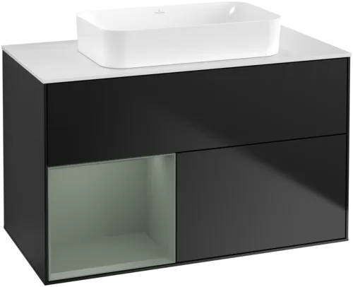 VILLEROY BOCH Toaletní skříňka Finion, s osvětlením, 2 výsuvy, 1000 x 603 x 501 mm, černý matný lak / olivový matný lak / bílé matné sklo #F651GMPD