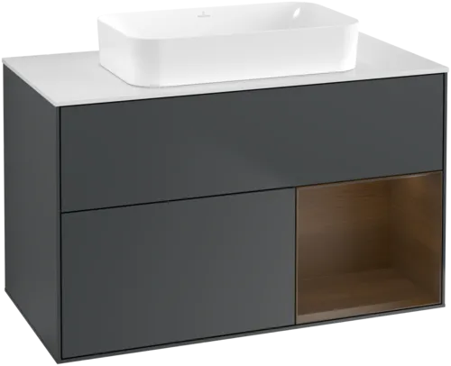 VILLEROY BOCH Toaletní skříňka Finion, s osvětlením, 2 výsuvy, 1000 x 603 x 501 mm, půlnočně modrý matný lak / ořechová dýha / bílé matné sklo #F661GNHG