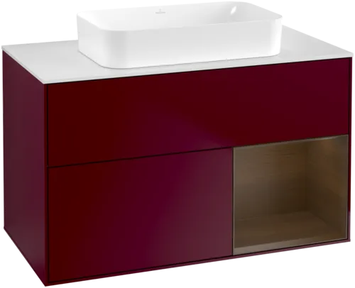 VILLEROY BOCH Toaletní skříňka Finion, s osvětlením, 2 výsuvy, 1000 x 603 x 501 mm, matný lak Peony / ořechová dýha / bílé matné sklo #F661GNHB