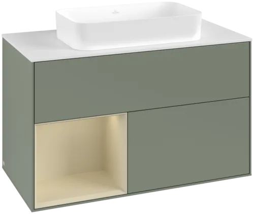 VILLEROY BOCH Toaletní skříňka Finion, s osvětlením, 2 výsuvy, 1000 x 603 x 501 mm, olivový matný lak / hedvábně šedý matný lak / bílé matné sklo #F651HJGM