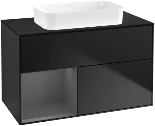 VILLEROY BOCH Toaletní skříňka Finion, s osvětlením, 2 výsuvy, 1000 x 603 x 501 mm, černý matný lak / antracitový matný lak / černé matné sklo #F652GKPD