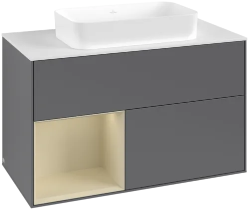 VILLEROY BOCH Toaletní skříňka Finion, s osvětlením, 2 výsuvy, 1000 x 603 x 501 mm, antracit matný lak / hedvábně šedý matný lak / sklo bílé matné #F651HJGK