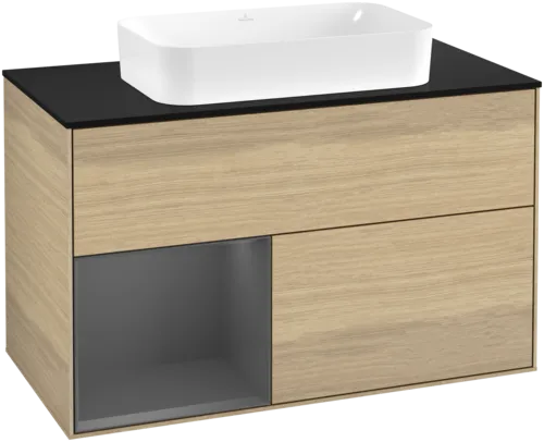 VILLEROY BOCH Toaletní skříňka Finion, s osvětlením, 2 výsuvy, 1000 x 603 x 501 mm, dubová dýha / antracitový matný lak / černé matné sklo #F652GKPC