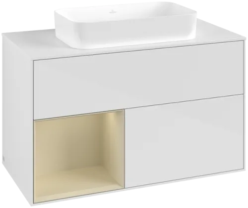 VILLEROY BOCH Toaletní skříňka Finion, s osvětlením, 2 výsuvy, 1000 x 603 x 501 mm, lesklý bílý lak / hedvábně šedý matný lak / bílé matné sklo #F651HJGF