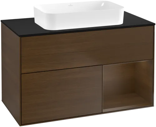 VILLEROY BOCH Toaletní stolek Finion, s osvětlením, 2 výsuvy, 1000 x 603 x 501 mm, ořechová dýha / ořechová dýha / sklo černé matné #F662GNGN
