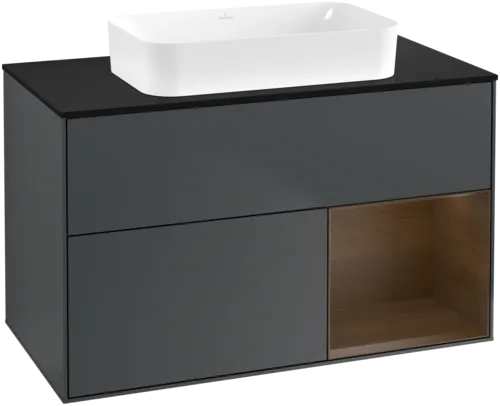 VILLEROY BOCH Toaletní skříňka Finion, s osvětlením, 2 výsuvy, 1000 x 603 x 501 mm, půlnočně modrý matný lak / ořechová dýha / černé matné sklo #F662GNHG