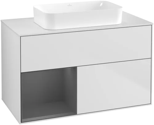 VILLEROY BOCH Toaletní skříňka Finion, s osvětlením, 2 výsuvy, 1000 x 603 x 501 mm, bílý matný lak / antracitový matný lak / bílé matné sklo #F651GKMT