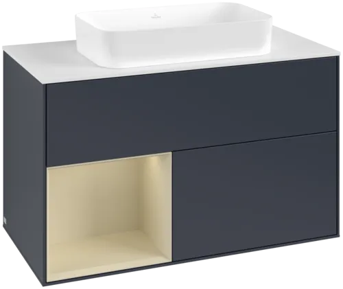 VILLEROY BOCH Toaletní skříňka Finion, s osvětlením, 2 výsuvy, 1000 x 603 x 501 mm, Midnight Blue Matt Lacquer / Silk Grey Matt Lacquer / Glass White Matt #F651HJHG