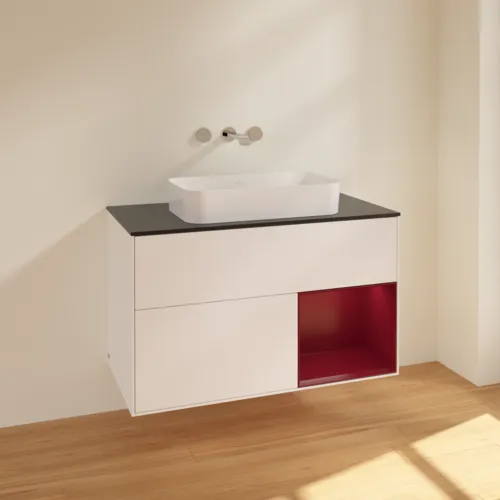 VILLEROY BOCH Toaletní skříňka Finion, s osvětlením, 2 výsuvy, 1000 x 603 x 501 mm, bílý matný lak / pivoňkový matný lak / černé matné sklo #F662HBMT, obrázek 2