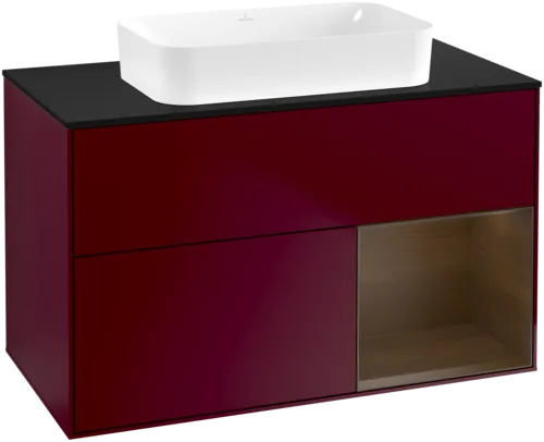VILLEROY BOCH Toaletní stolek Finion, s osvětlením, 2 výsuvy, 1000 x 603 x 501 mm, matný lak Peony / ořechová dýha / černé matné sklo #F662GNHB