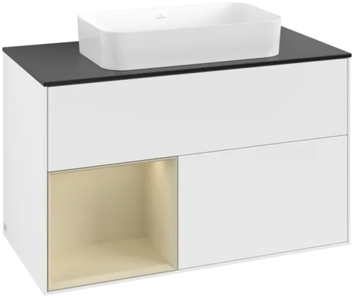 VILLEROY BOCH Toaletní skříňka Finion, s osvětlením, 2 výsuvy, 1000 x 603 x 501 mm, bílý matný lak / hedvábně šedý matný lak / černé matné sklo #F652HJMT