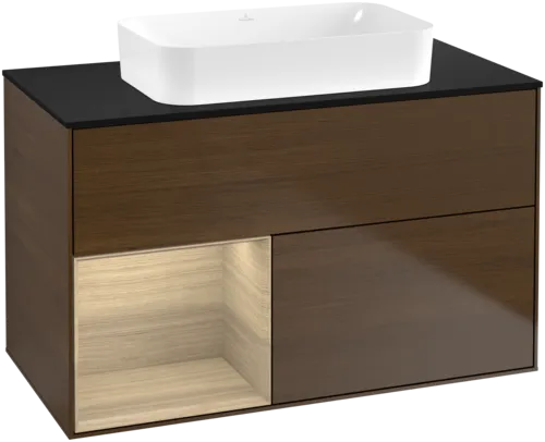 VILLEROY BOCH Toaletní stolek Finion, s osvětlením, 2 výsuvy, 1000 x 603 x 501 mm, ořechová dýha / dubová dýha / sklo černé matné #F652PCGN