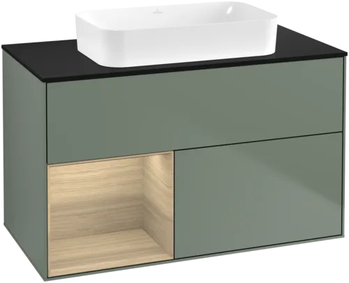 VILLEROY BOCH Toaletní skříňka Finion, s osvětlením, 2 výsuvy, 1000 x 603 x 501 mm, olivový matný lak / dubová dýha / sklo černé matné #F652PCGM