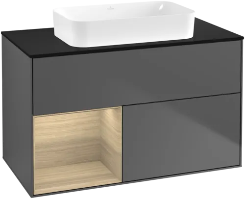VILLEROY BOCH Toaletní skříňka Finion, s osvětlením, 2 výsuvy, 1000 x 603 x 501 mm, antracitový matný lak / dubová dýha / černé matné sklo #F652PCGK