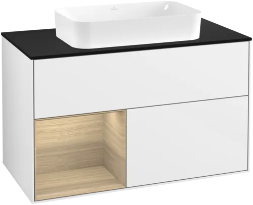 VILLEROY BOCH Toaletní skříňka Finion, s osvětlením, 2 výsuvy, 1000 x 603 x 501 mm, lesklý bílý lak / dubová dýha / černé matné sklo #F652PCGF