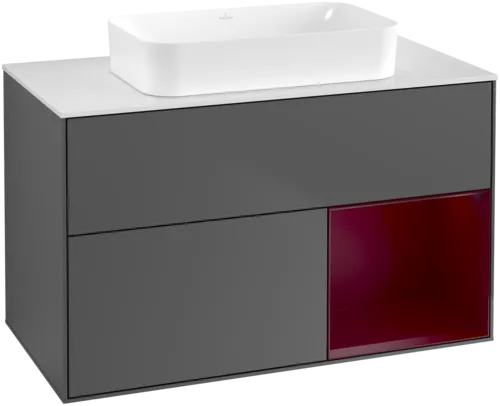 VILLEROY BOCH Toaletní skříňka Finion, s osvětlením, 2 výsuvy, 1000 x 603 x 501 mm, antracit matný lak / pivoňka matný lak / sklo bílé matné #F661HBGK