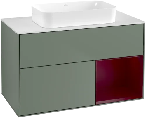 VILLEROY BOCH Toaletní skříňka Finion, s osvětlením, 2 výsuvy, 1000 x 603 x 501 mm, olivový matný lak / pivoňkový matný lak / bílé matné sklo #F661HBGM