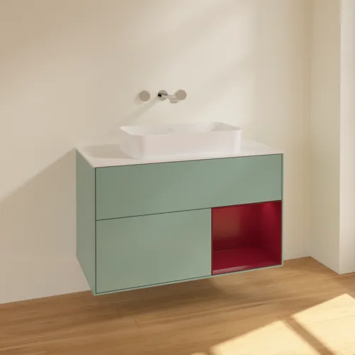 VILLEROY BOCH Toaletní skříňka Finion, s osvětlením, 2 výsuvy, 1000 x 603 x 501 mm, olivový matný lak / pivoňkový matný lak / bílé matné sklo #F661HBGM, obrázek 2