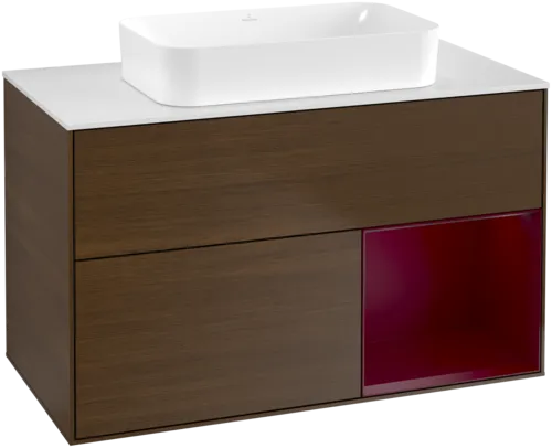 VILLEROY BOCH Toaletní skříňka Finion, s osvětlením, 2 výsuvy, 1000 x 603 x 501 mm, ořechová dýha / matný lak Pivoňka / matné bílé sklo #F661HBGN