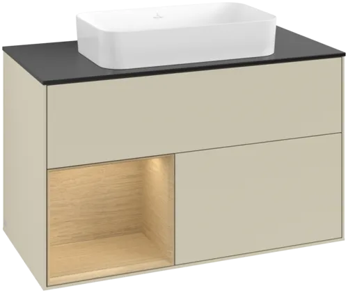 VILLEROY BOCH Toaletní skříňka Finion, s osvětlením, 2 výsuvy, 1000 x 603 x 501 mm, hedvábně šedý matný lak / dubová dýha / černé matné sklo #F652PCHJ