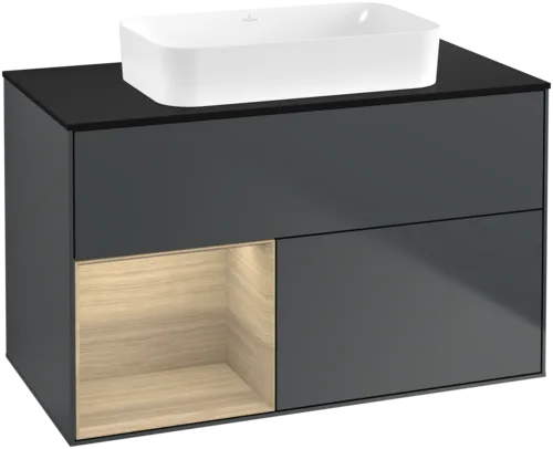 VILLEROY BOCH Toaletní skříňka Finion, s osvětlením, 2 výsuvy, 1000 x 603 x 501 mm, Midnight Blue Matt Lacquer / Oak Veneer / Glass Black Matt #F652PCHG