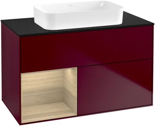 VILLEROY BOCH Toaletní stolek Finion, s osvětlením, 2 výsuvy, 1000 x 603 x 501 mm, matný lak Peony / dubová dýha / černé matné sklo #F652PCHB
