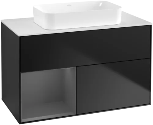 VILLEROY BOCH Toaletní skříňka Finion, s osvětlením, 2 výsuvy, 1000 x 603 x 501 mm, černý matný lak / antracitový matný lak / bílé matné sklo #F651GKPD