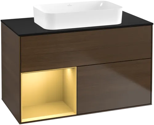 VILLEROY BOCH Toaletní skříňka Finion, s osvětlením, 2 výsuvy, 1000 x 603 x 501 mm, ořechová dýha / zlatý matný lak / černé matné sklo #F652HFGN