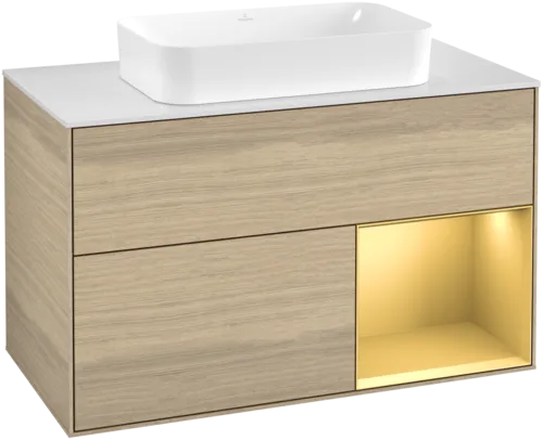 VILLEROY BOCH Toaletní stolek Finion, s osvětlením, 2 výsuvy, 1000 x 603 x 501 mm, dubová dýha / zlatý matný lak / sklo bílé matné #F661HFPC