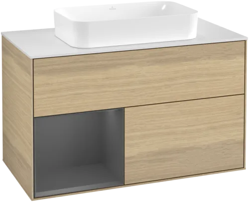 VILLEROY BOCH Toaletní skříňka Finion, s osvětlením, 2 výsuvy, 1000 x 603 x 501 mm, dubová dýha / antracitový matný lak / bílé matné sklo #F651GKPC