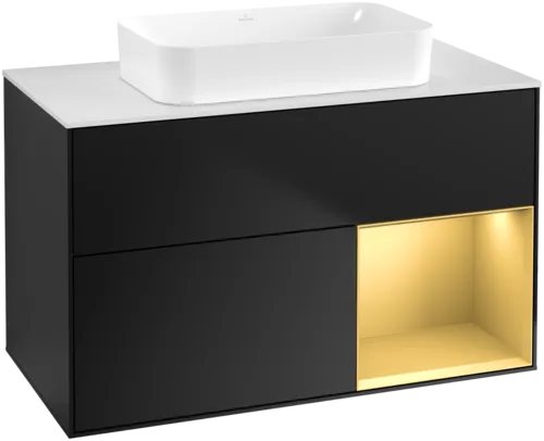 VILLEROY BOCH Toaletní skříňka Finion, s osvětlením, 2 výsuvy, 1000 x 603 x 501 mm, černý matný lak / zlatý matný lak / bílé matné sklo #F661HFPD