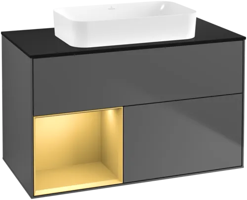 VILLEROY BOCH Toaletní skříňka Finion, s osvětlením, 2 výsuvy, 1000 x 603 x 501 mm, antracit matný lak / zlatý matný lak / černé matné sklo #F652HFGK