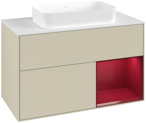 VILLEROY BOCH Toaletní skříňka Finion, s osvětlením, 2 výsuvy, 1000 x 603 x 501 mm, Silk Grey Matt Lacquer / Peony Matt Lacquer / Glass White Matt #F661HBHJ