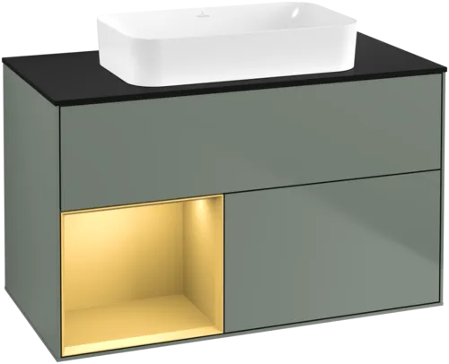 VILLEROY BOCH Toaletní skříňka Finion, s osvětlením, 2 výsuvy, 1000 x 603 x 501 mm, olivový matný lak / zlatý matný lak / černé matné sklo #F652HFGM